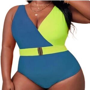 Plus Size Colorblock V Neck One Piece Swimsuit sz 0X